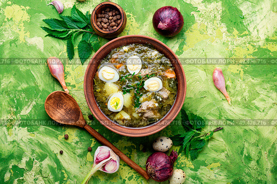 Ukrainian green borsch.Borsch with sorrel and nettles.Ukrainian cuisine.. Sorrel soup in bowl. Стоковое фото, агентство Ingram Publishing / Фотобанк Лори