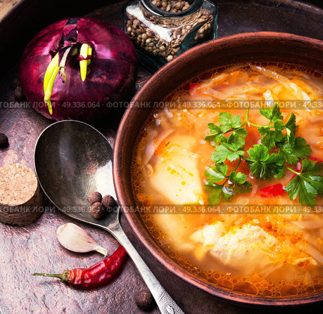 Ukrainian national food-borshch. Traditional food of national Ukrainian cuisine. Borscht with meat and vegetables. Стоковое фото, агентство Ingram Publishing / Фотобанк Лори