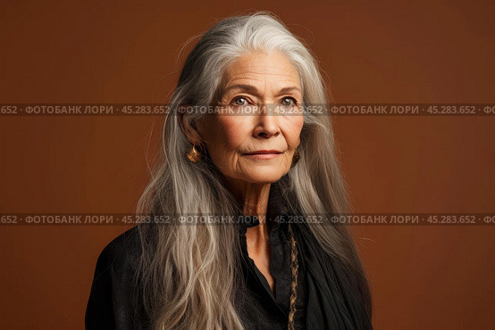 Unamused sad miserable mature long grey haired caucasian woman wearing black blouse, frowns face with dissatisfaction, sulks troubled as someone hurt her feelings. Indoor studio shot isolated on brown. Стоковое AI-изображение, AI-художник Sergey Grishin / Фотобанк Лори