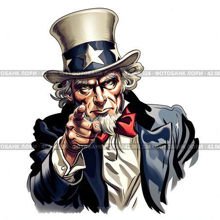 Uncle Sam's amazing illustrations are an exciting embodiment of patriotism and charisma. Стоковое AI-изображение, AI-художник Ярославский Максим / Фотобанк Лори