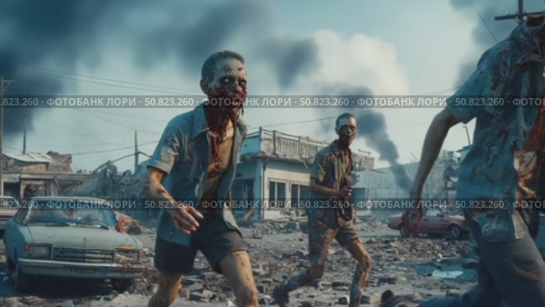 Undead Horde: A Gruesome Stroll Through Ruined Streets. Стоковое AI-видео, аниматор Данила Большаков / Фотобанк Лори