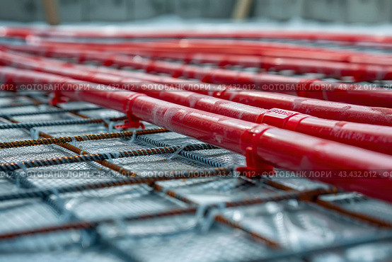 Underfloor heating system in construction of new built residential home. Warm water flooring. Installation close up. Underfloor heating system helixes, flex plumbing pipes on insulation. Construction. Стоковое AI-изображение, AI-художник Марина Демидюк / Фотобанк Лори