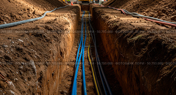 Underground trench with new internet cable installation. Digging a ditch for urban infrastructure and utility lines. Earthwork. Стоковое AI-изображение, AI-художник Анжелика Самсонова / Фотобанк Лори