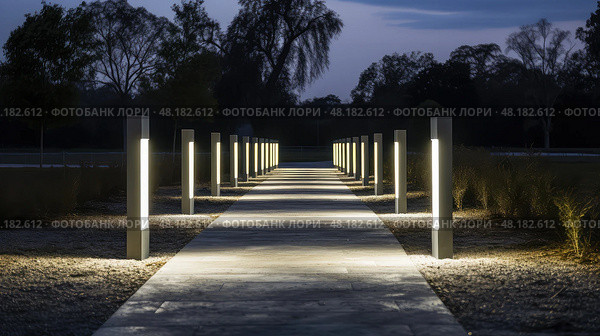 understated pathway lights ai generated. Стоковое AI-изображение, AI-художник Vectorwin / Фотобанк Лори