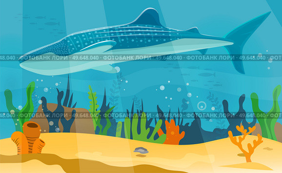 Underwater landscape with large predatory marine fish. Whale swimming in ocean, bottom of sea. Humpback whale and marine life in salty sea water. Aquatic world, ocean floor with algae and corals. Aquatic world, ocean floor with algae and corals. Humpback whale and marine life in salty sea water. Стоковая иллюстрация, агентство Ingram Publishing / Фотобанк Лори