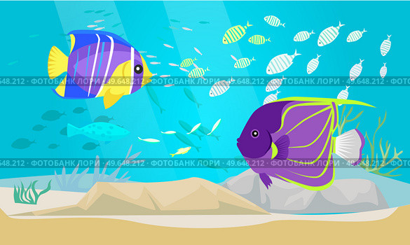 Underwater ocean fauna with exotic fishes. Ocean bottom with marine life reprsentatives. Marine underwater world with school of tropical fish. Seascape, undersea landscape vector illustration. Underwater ocean world with exotic fishes. Ocean bottom with marine life, school of tropical fish. Стоковая иллюстрация, агентство Ingram Publishing / Фотобанк Лори