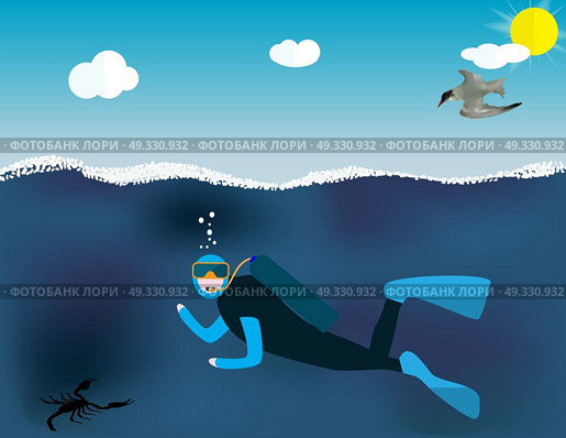Underwater People, Cartoon  Scuba Diver. Concept of Extreme Diving Sport and Water Activity Vacation with Special Equipment. Vector Illustration EPS10. Underwater People, Cartoon  Scuba Diver. Concept of Extreme Divi. Стоковая иллюстрация, агентство Ingram Publishing / Фотобанк Лори