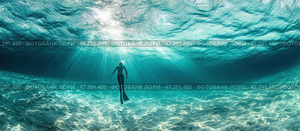 Underwater scene with a freediver swimming in the blue abyss. The sun's light penetrates the thickness of the water, creating magical rays that illuminate the sandy seabed. The water is transparent, allowing you to see the play of light and shadow on the sand. The figure of the diver in a wetsuit and fins looks graceful, hovering in the underwater space. The picture conveys a feeling of freedom, calm and connection with nature. Стоковое AI-изображение, AI-художник Анна Кривицкая / Фотобанк Лори