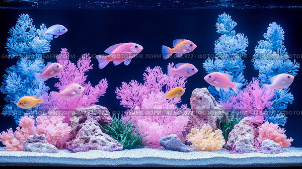 Underwater world: aquarium habitat with colorful cichlid and coral for vivid life, decorative ornament. Стоковое AI-изображение, AI-художник Данила Большаков / Фотобанк Лори