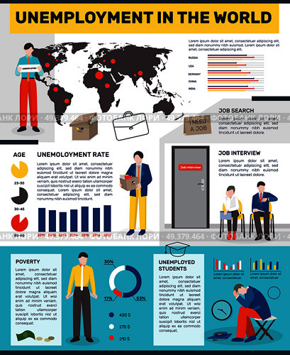 Unemployed people flat infographics with images of redundant workers colourful graphs world map and editable text paragraphs vector illustration. Idleness Worldwide Flat Infographics. Стоковая иллюстрация, агентство Ingram Publishing / Фотобанк Лори