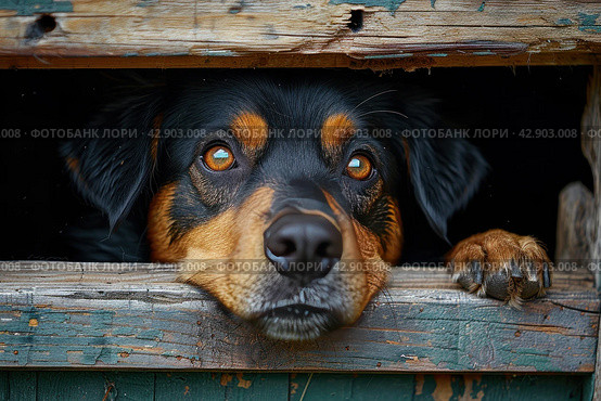 Unhappy dog peeks out of a crack in a wooden booth at a shelter. Стоковое AI-изображение, AI-художник Анна Кривицкая / Фотобанк Лори