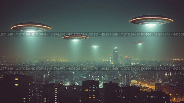 Unidentified flying objects hover over a city buildings skyline at night. Стоковое AI-изображение, AI-художник Михаил Коханчиков / Фотобанк Лори