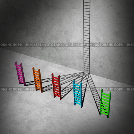 Unification success business concept as a group of short diverse ladders creating shadows that combine together to form a high ladder to success as a 3D illustration. Стоковое фото, агентство Ingram Publishing / Фотобанк Лори