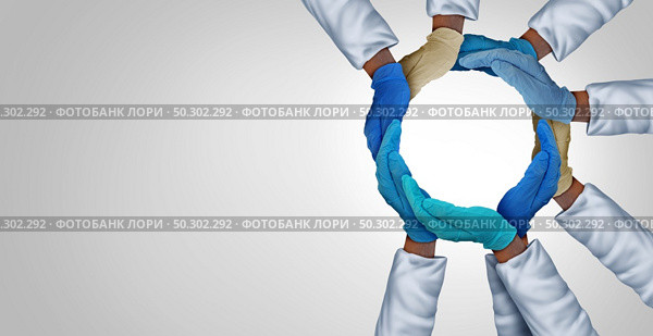 United health system and essential hospital care workers and frontline medical group or medicine teamwork as a group of doctors and nurses joining together unified in a 3D illustration style. Стоковое фото, агентство Ingram Publishing / Фотобанк Лори
