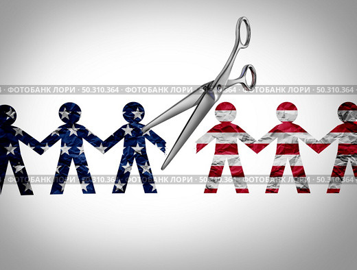 United States crisis and a divided America in chaos or US social violence and political war for USA culture as conservative and liberal political division and ideology conflict with 3D illustration elements. Стоковое фото, агентство Ingram Publishing / Фотобанк Лори