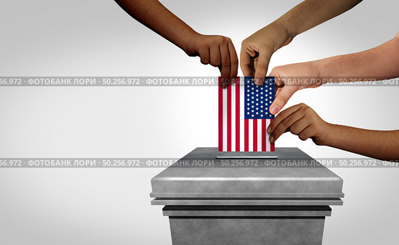 United States election and American voting as a diverse electorate casting a ballot at a US polling station as a right to vote idea as multicultural hands holding a USA flag with 3D illustration elements. Стоковое фото, агентство Ingram Publishing / Фотобанк Лори