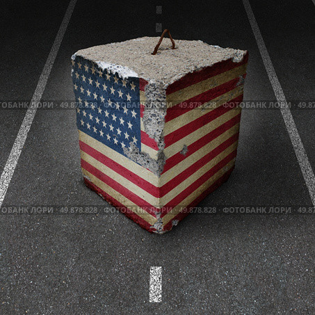 United States government shutdown roadblock obstacle and barrier business concept with a huge cement or concrete cube with an old American flag blocking a road or highway as a symbol of political gridlock resulting in financial system shutdown. Стоковое фото, агентство Ingram Publishing / Фотобанк Лори