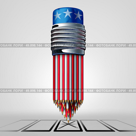 United States vote and voter concept as a group of pencils with white red and blue American colors casting a voting choice on a paper ballot as an election campaign symbol as a 3D illustration. Стоковое фото, агентство Ingram Publishing / Фотобанк Лори