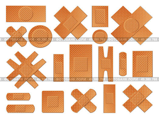 Universal medical antibacterial antiseptic breathable  plasters big set of various shapes and size tapes realistic isolated vector illustration . Medical Plasters Perforated Realistic Set . Стоковая иллюстрация, агентство Ingram Publishing / Фотобанк Лори