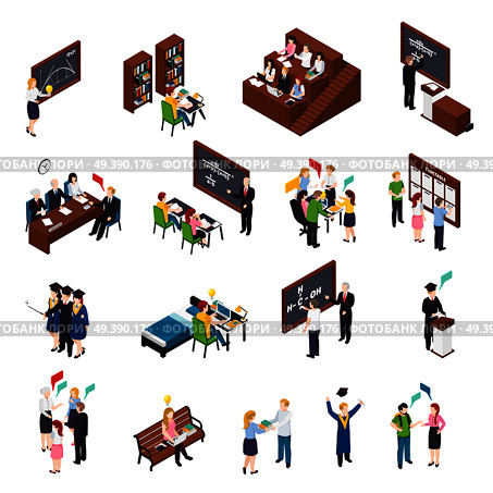 University students attending lectures workshops busy with projects in library graduating isometric icons set isolated vector illustration . University Students Isometric Set. Стоковая иллюстрация, агентство Ingram Publishing / Фотобанк Лори