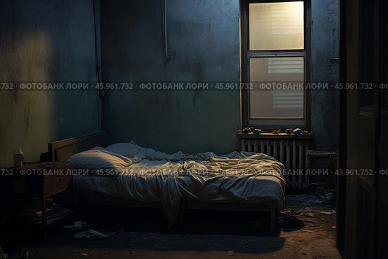 Unmade bed in rundown urban apartment reflecting poverty and despair. Стоковое AI-изображение, AI-художник Иван Рябоконь / Фотобанк Лори