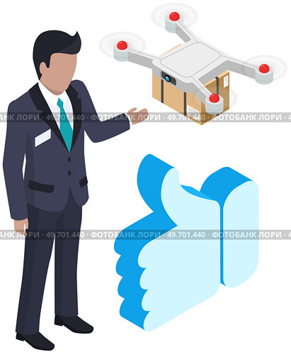 Unmanned airmail commercial purpose flying drone delivers parcel to customer. Future technologies, quadrocopter, remote control, contactless safe delivery service. Transportation of goods by air. Unmanned airmail commercial purpose flying drone delivers parcel to customer. Future technologies. Стоковая иллюстрация, агентство Ingram Publishing / Фотобанк Лори