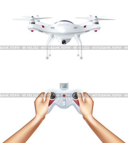 Unmanned Drone With Remote Controller . Unmanned drone with remote radio controller in human hands realistic concept vector illustration. Стоковая иллюстрация, агентство Ingram Publishing / Фотобанк Лори