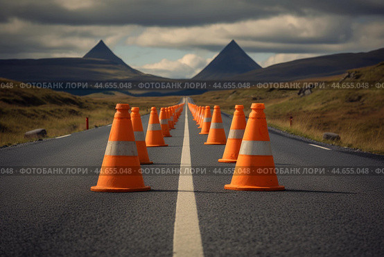 Unmissable Traffic cone road. Generate Ai. Стоковое AI-изображение, AI-художник Иван Рябоконь / Фотобанк Лори