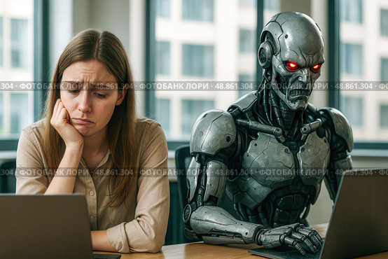 Upset female employee working on laptop while scary robotic colleague with glowing red eyes dominates, representing workplace automation, career insecurity, ai advancement. Стоковое AI-изображение, AI-художник Павел Муравьев / Фотобанк Лори