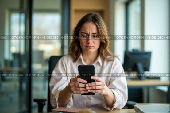 Upset woman looking at smartphone in office, worried about scam or fraud, serious expression, modern workplace, frustrated and stressed mood. Стоковое AI-изображение, AI-художник Павел Муравьев / Фотобанк Лори