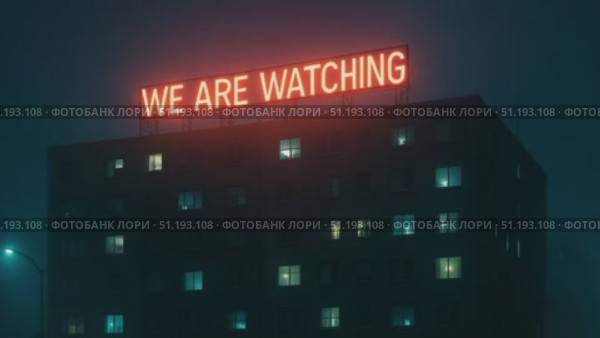 Urban building illuminated by neon sign in foggy night atmosphere with glowing windows. Стоковое AI-видео, аниматор Данил Руденко / Фотобанк Лори