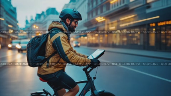 Urban cyclist/delivery rider navigates city streets with tech (smartphone/tablet), wearing helmet & backpack, amidst traffic. Стоковое AI-видео, аниматор Данила Большаков / Фотобанк Лори