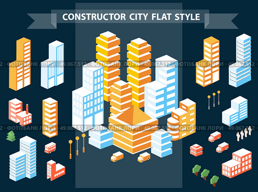 Urban Designer landscapes of the city. Design set in a flat style with houses, roads and transport. Стоковая иллюстрация, агентство Ingram Publishing / Фотобанк Лори
