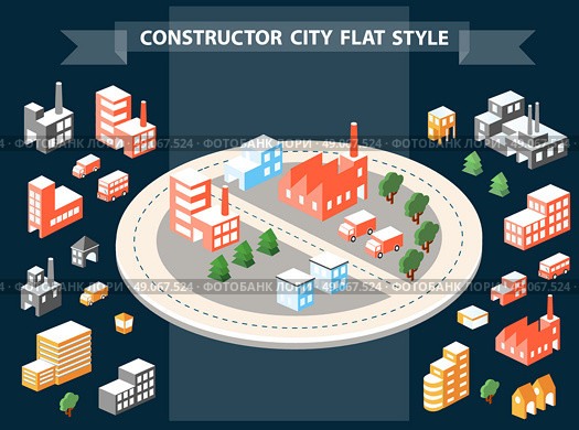 Urban Designer landscapes of the city. Design set in a flat style with houses, roads and transport. Стоковая иллюстрация, агентство Ingram Publishing / Фотобанк Лори