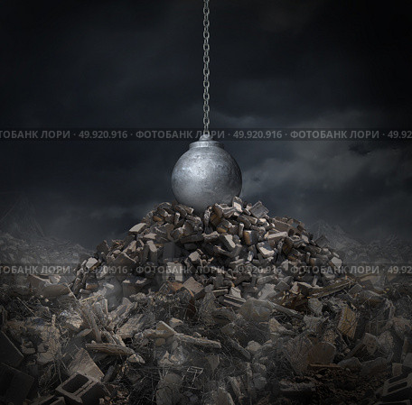 Urban renewal and destruction or demolition of old architecture with a wrecking ball on ruins as a concept to make way for new construction and industrial and city planning with 3D render elements. Стоковое фото, агентство Ingram Publishing / Фотобанк Лори