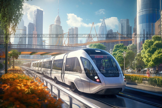 Urban Revolution: Self-Driving Trains Reshaping City Public Transportation. Стоковое AI-изображение, AI-художник Юрий Поздников / Фотобанк Лори
