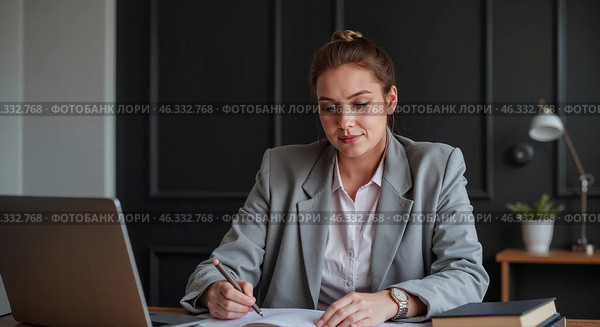 Юрист читает документы в офисе, работа с юридическими документами. Стоковое AI-изображение, AI-художник Anna Leeva / Фотобанк Лори
