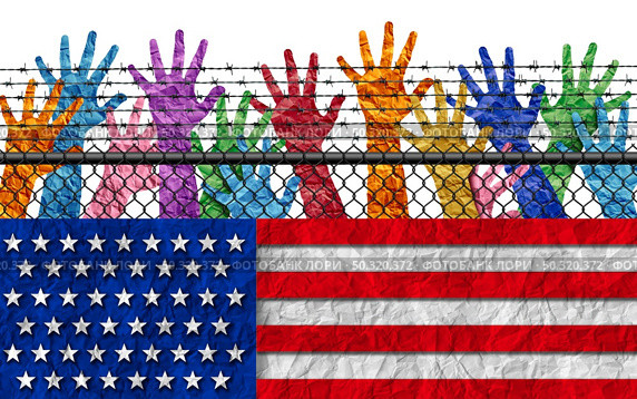 US immigration and American immigrants or United States refugee crisis at the border with people trying to immigrate to be American citizens as a social issue about refugees or illegal immigrants with 3D illustration elements. Стоковое фото, агентство Ingram Publishing / Фотобанк Лори