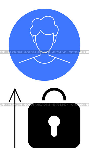 User profile icon in blue circle with upward arrow pointing to a black lock. Ideal for cybersecurity, user authentication, data protection, privacy, account security, digital identity, secure access. User Profile Security Upgrade Indicated by Upward Arrow and Secure Lock. Стоковая иллюстрация, агентство Ingram Publishing / Фотобанк Лори