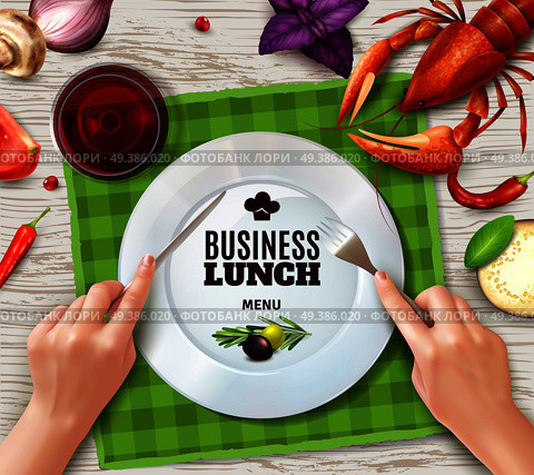 Using cutlery properly top view plate lobster saus and hands holding fork and knife realistic vector illustration . Realistic Hands Cutlery . Стоковая иллюстрация, агентство Ingram Publishing / Фотобанк Лори