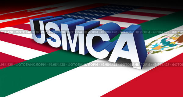 USMCA or the new NAFTA United States Mexico Canada agreement symbol with north america flags as a trade deal negotiation and economic deal fot the American Mexican and Canadian governments as a 3D illustration. . Стоковое фото, агентство Ingram Publishing / Фотобанк Лори