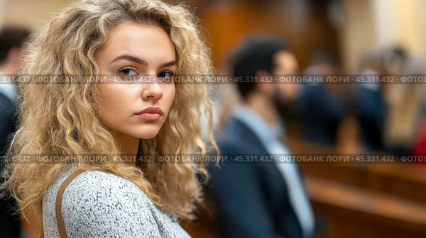Уверенная в себе женщина в зале суда для использования в юридической отрасли. Стоковое AI-изображение, AI-художник ФотоИнтеллект / Фотобанк Лори
