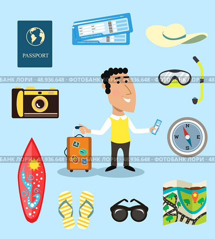 Vacation or business traveler character set with suitcase passport airplane tickets vector illustration. Стоковая иллюстрация, агентство Ingram Publishing / Фотобанк Лори