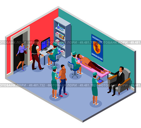 Vaccination isometric composition with view of hospital room with interior elements and medical workers administering injections vector illustration. Compulsory Vaccination Indoor Composition. Стоковая иллюстрация, агентство Ingram Publishing / Фотобанк Лори