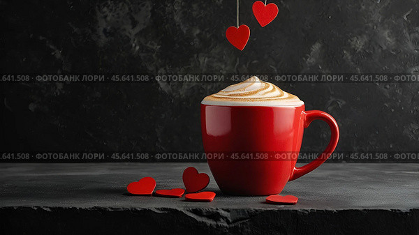 Valentine's Day concept for cafes and restaurants. Red latte coffee cups with hearts around. Hot drinks for lovers. Стоковое AI-изображение, AI-художник Photojuli / Фотобанк Лори