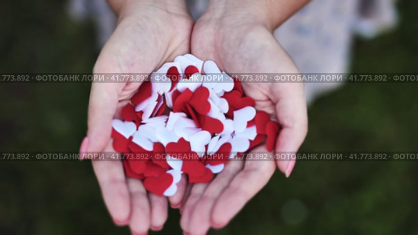 Valentine's Day Conception. Confetti of hearts in the hands of a girl. Стоковое видео, видеограф Mikhail Davidovich / Фотобанк Лори