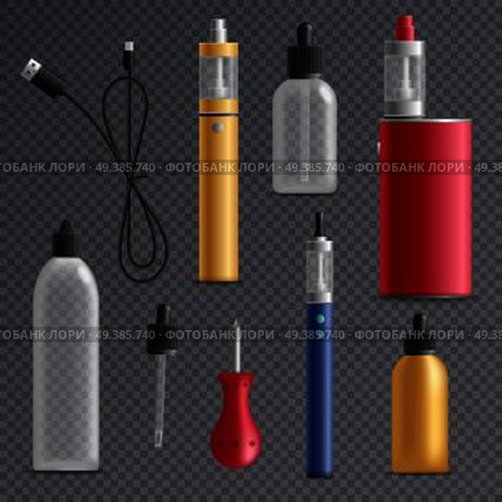 Vaping realistic set on transparent background with isolated images of refill bottles vaporizers and charging wire vector illustration. Electronic Cigarette Elements Collection. Стоковая иллюстрация, агентство Ingram Publishing / Фотобанк Лори