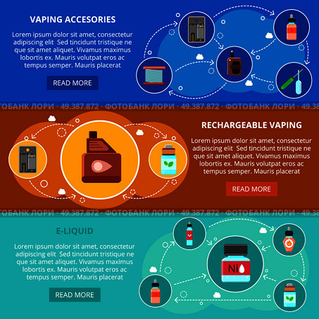 Vaping set of flat horizontal banners with rechargeable devices, smoking accessories and e-liquid isolated vector illustration . Vaping Flat Horizontal Banners. Стоковая иллюстрация, агентство Ingram Publishing / Фотобанк Лори