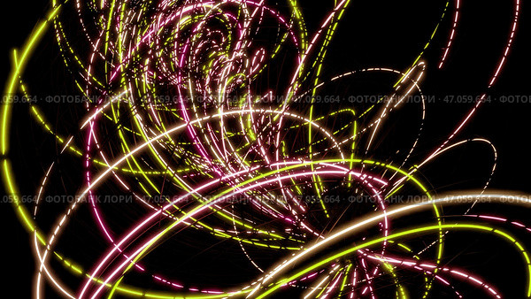 Various bright multicolored lines create various patterns and drawings with swirling circles on a dark background. Стоковая иллюстрация, иллюстратор David Kashakhi / Фотобанк Лори