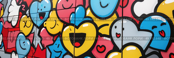 Various colors of graffiti cover a wall in an urban location, creating a visually striking and colorful scene. Стоковое AI-изображение, AI-художник Данила Большаков / Фотобанк Лори